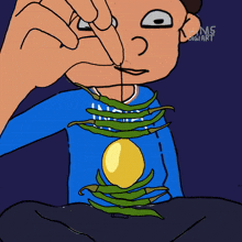 a cartoon drawing of a person eating green beans and a lemon