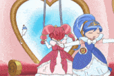 two princesses are standing next to each other in front of a mirror