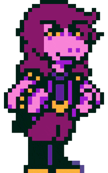 a pixel art of a person with purple hair and yellow eyes