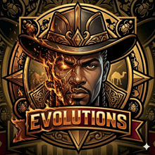 an illustration of a man in a cowboy hat with the word evolutions on the bottom