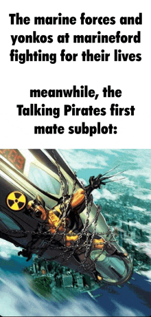 a cartoon of wolverine being chained to a building with a nuclear symbol