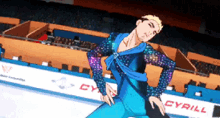 a man in a blue and purple outfit is standing on a ice rink in front of a sign that says cyrill