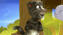 a cartoon cat is standing next to a tree and talking to another cat