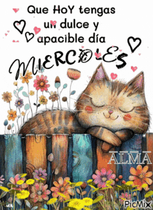 a picture of a cat sleeping on a fence with flowers and the words que hoy tengas un dulce y apacible dia miercoles