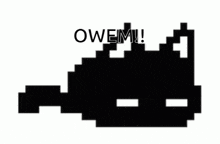 a black and white pixel art drawing of a cat with the words `` owem ! '' written on it .