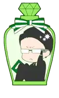 a cartoon of a man in a green bottle with a bow