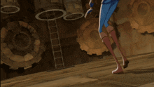 a cartoon character is standing in a room with gears on the wall