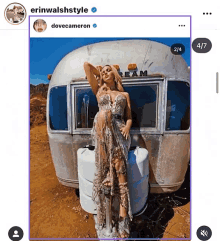 a picture of a woman standing in front of an airstream with the caption " dove cameron "