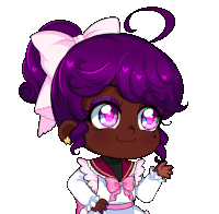 a cartoon girl with purple hair and a pink bow