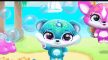 a blue teddy bear with a unicorn horn is standing next to a purple cat on a beach .