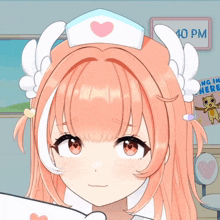 a girl wearing a nurse 's hat with a heart on it stands in front of a sign that says 40 pm