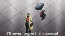 a man in a trench coat says " i 'll never forgive the japanese " in front of a suitcase on the ground
