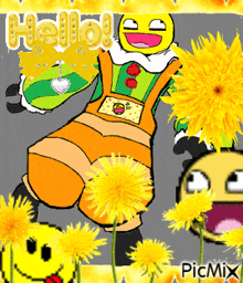 a cartoon drawing of a clown surrounded by dandelions with the words hello written above him