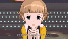 a girl with blonde hair and green eyes is smiling in a video game scene