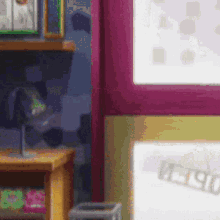 a blurred image of a room with a purple window and a sign that says " beer "