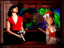 a woman is holding a camera in front of a sign that says bonne soirée