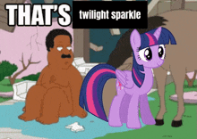 a cartoon of a man sitting next to a pony that says twilight sparkle