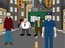 a group of cartoon characters are standing on a city street