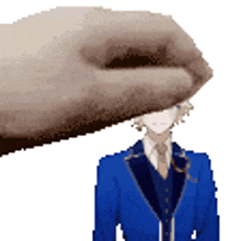 a pixel art of a hand holding a man 's head in a blue suit