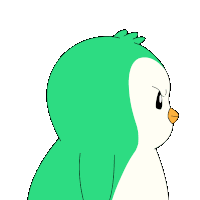 a green and white penguin with a yellow beak looks angry
