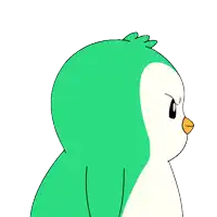 a green and white penguin with a yellow beak looks angry