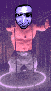 a shirtless man with a blue mask on his face is in a cage