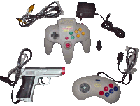 a super boy video game controller is surrounded by wires and a toy gun