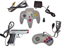 a super boy video game controller is surrounded by wires and a toy gun