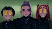 three cartoon characters are standing next to each other and one has a pineapple in her eyes