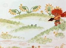 a cartoon drawing of a little boy holding a kite