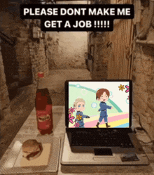 a laptop sits on a table next to a bottle of soda and a sandwich