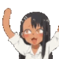a pixel art drawing of a girl with her arms in the air and her mouth open .