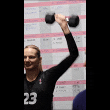a woman wearing a black shirt with the number 23 on it