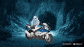 a blue and white motorcycle with a ghost on the back