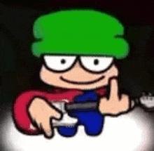 a cartoon character wearing a green hat and glasses is holding a guitar and giving the middle finger .