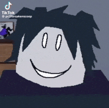 a cartoon character with black hair and a big smile is sitting on a box .