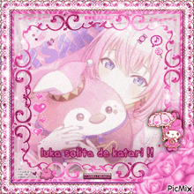 a picture of a girl holding a stuffed animal with the words luka solita de katari on it