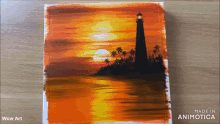 a painting of a lighthouse at sunset with the words wow art below it