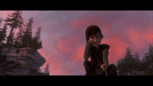 a cartoon character is sitting on a rock with a pink sky in the background