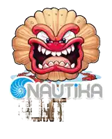 a cartoon illustration of an angry sea shell with the word nautika written below it