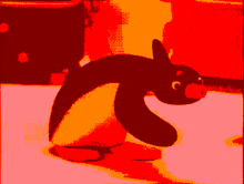a cartoon penguin with a red nose is laying on its back on a pink background