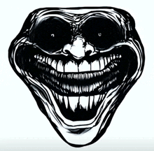 a black and white drawing of a creepy face with a big smile