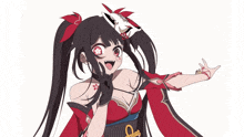 a girl with pigtails and a mask on her head is making a peace sign .