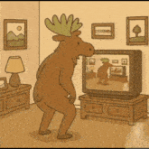 a moose is standing in front of a television