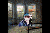 a man wearing a hat and headphones stands in front of a window in a room