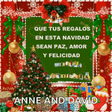 a christmas card that says que tus regalos en esta navidad sean paz amor y felicidad anne and david