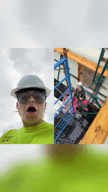 a woman wearing a hard hat and sunglasses is standing next to a scaffolding