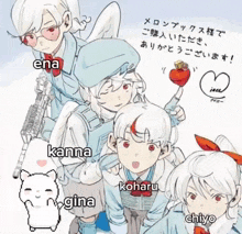 a collage of drawings of a girl with the names gina kanna and koharu on the bottom