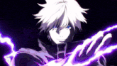 a man with white hair and blue eyes is holding purple lightning in his hand