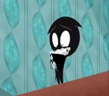 a cartoon of a vampire standing in front of a blue wall